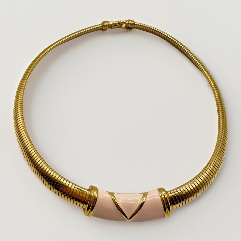 Monet Necklace  Omega  Choker Gold Tone Pink Enamel 18" 1980s .5 inch wide